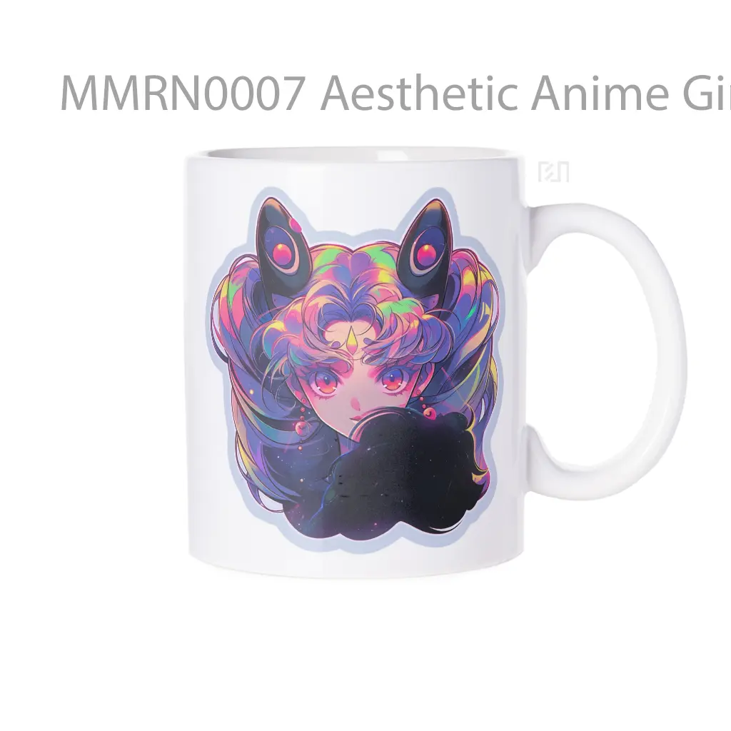 Aesthetic Anime Girl With Cyber Cat Ears Holographic Gelas Keramik Mug
