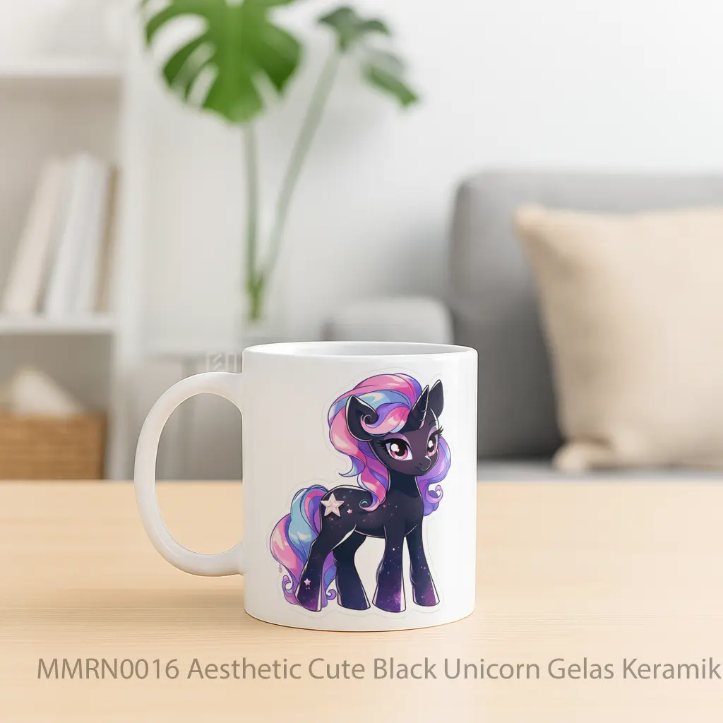 Aesthetic Cute Black Unicorn Gelas Keramik Mug - Sudut 2