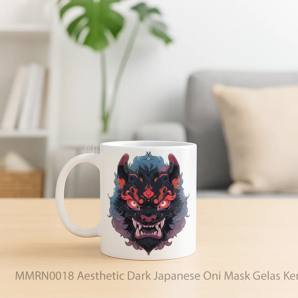 Aesthetic Dark Japanese Oni Mask Gelas Keramik Mug - Sudut 2