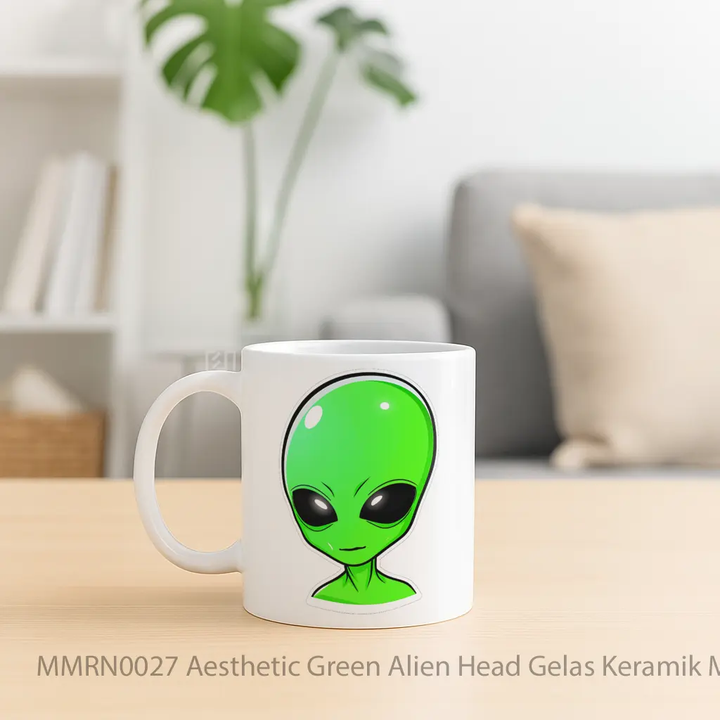 Aesthetic Green Alien Head Gelas Keramik Mug - Sudut 2