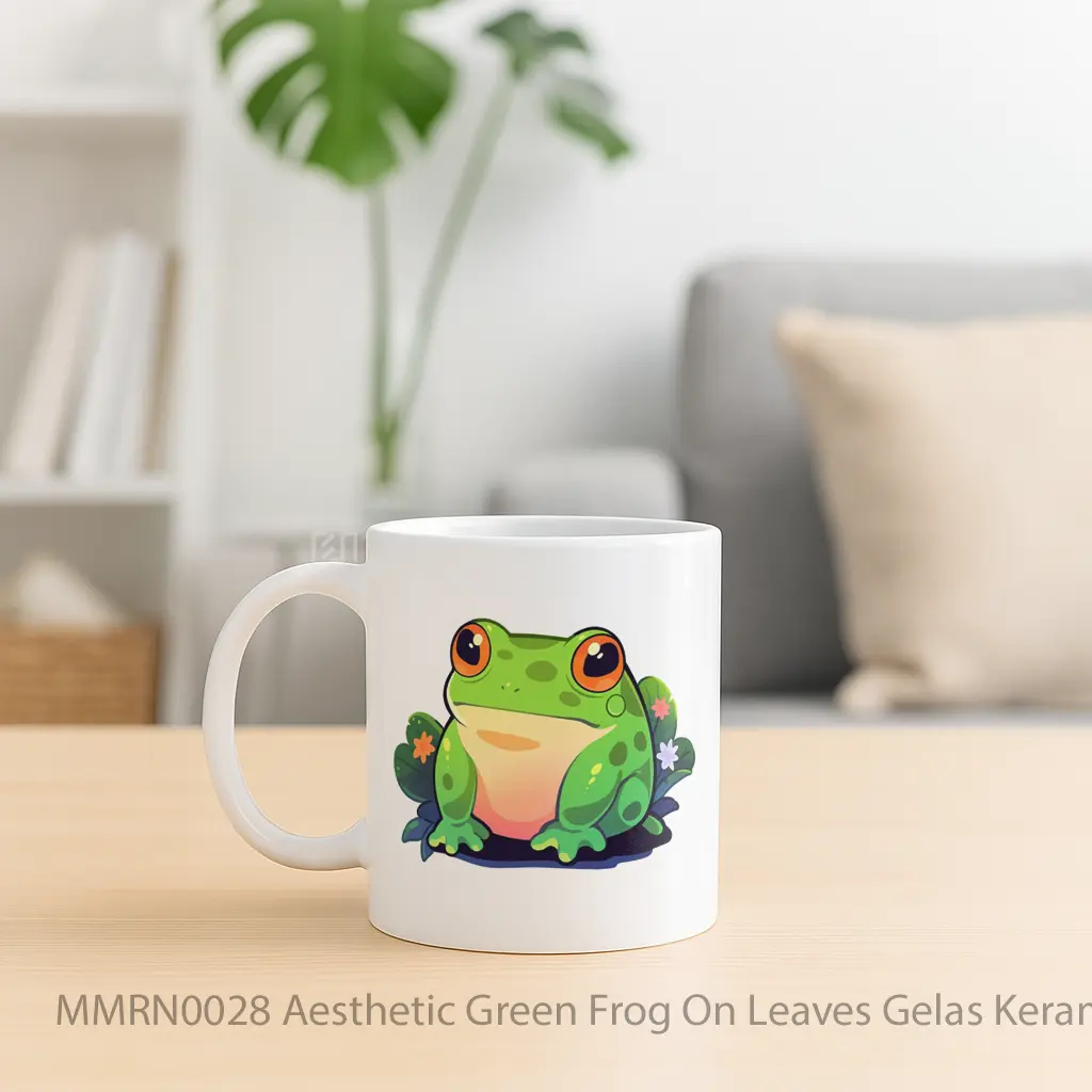 Aesthetic Green Frog On Leaves Gelas Keramik Mug - Sudut 2