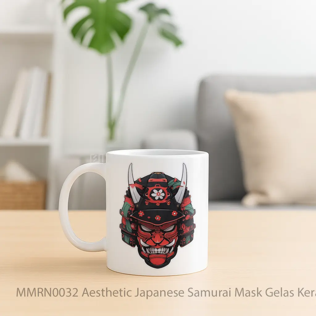 Aesthetic Japanese Samurai Mask Gelas Keramik Mug - Sudut 2