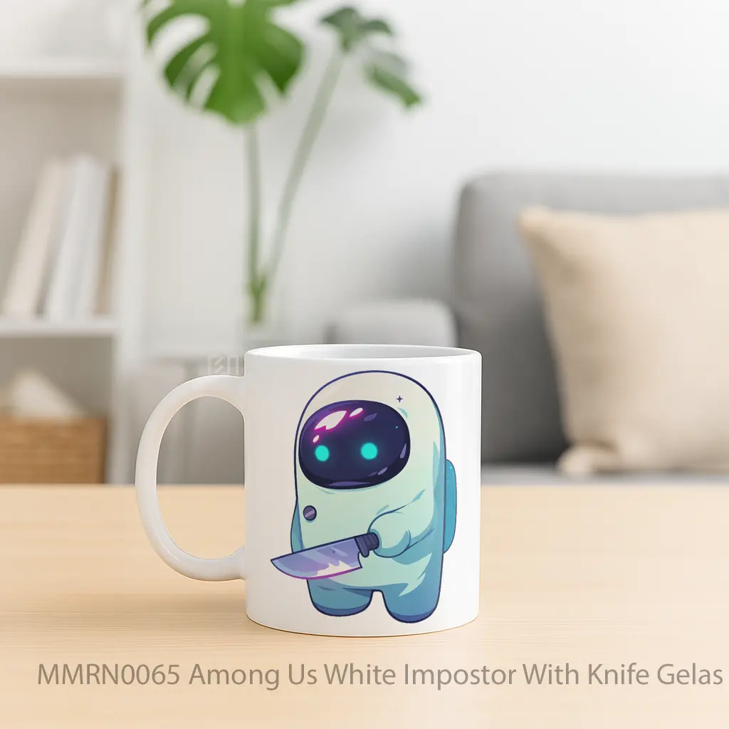 Among Us White Impostor With Knife Gelas Keramik Mug - Sudut 2