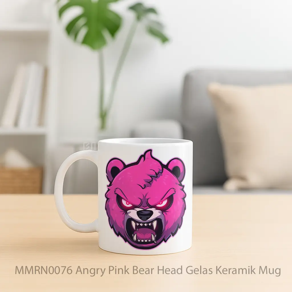 Angry Pink Bear Head Gelas Keramik Mug - Sudut 2