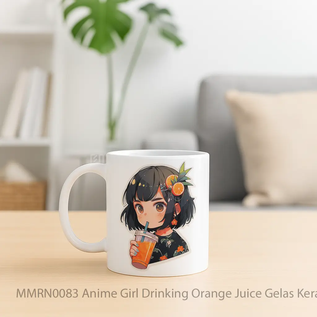Anime Girl Drinking Orange Juice Gelas Keramik Mug - Sudut 2