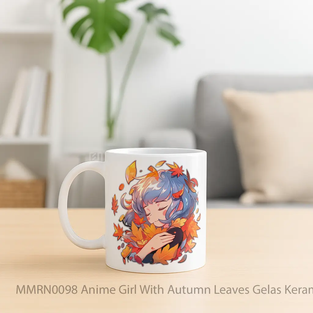 Anime Girl With Autumn Leaves Gelas Keramik Mug - Sudut 2