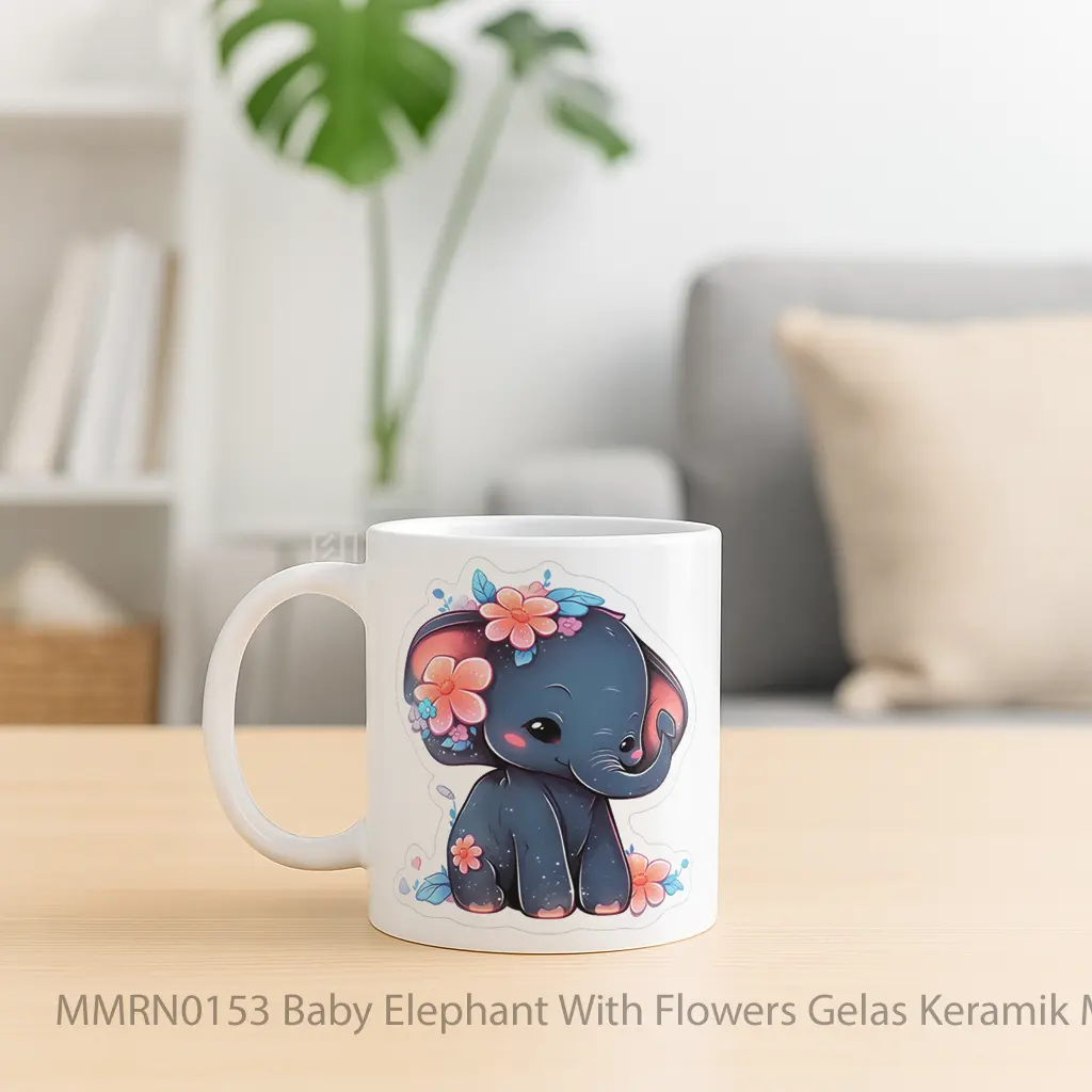 Baby Elephant With Flowers Gelas Keramik Mug - Sudut 2