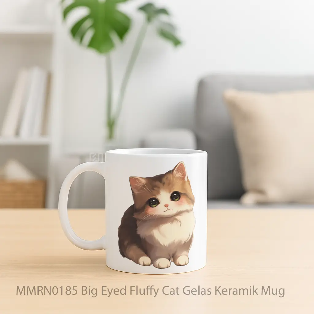 Big Eyed Fluffy Cat Gelas Keramik Mug - Sudut 2
