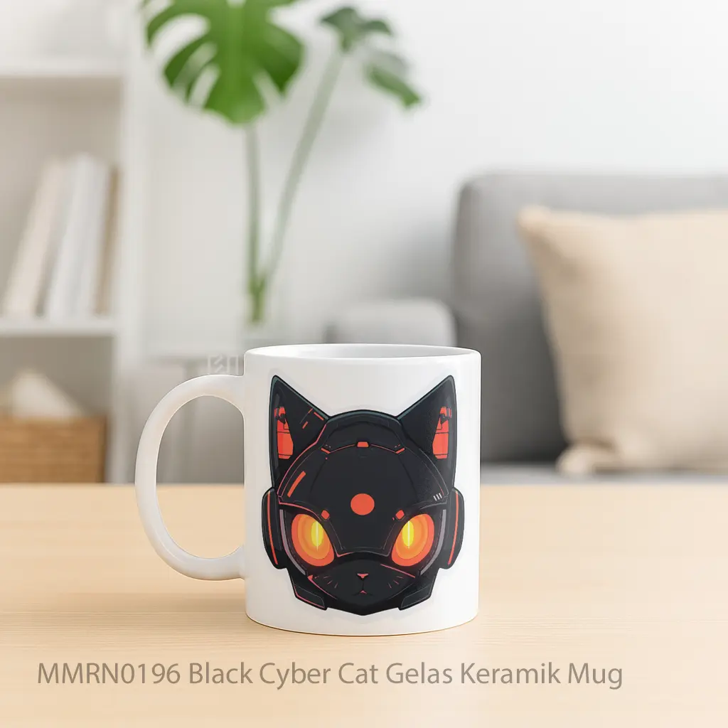 Black Cyber Cat Gelas Keramik Mug - Sudut 2