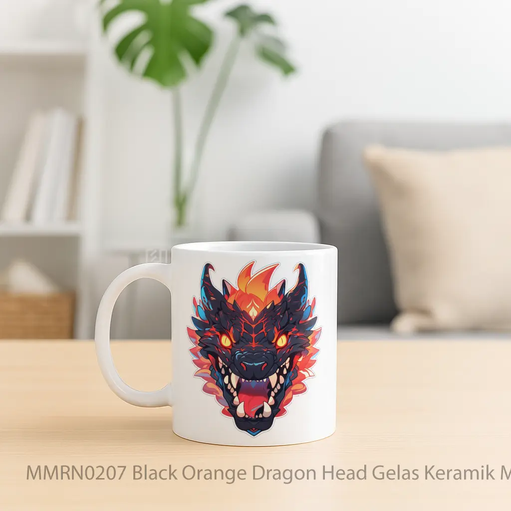 Black Orange Dragon Head Gelas Keramik Mug - Sudut 2