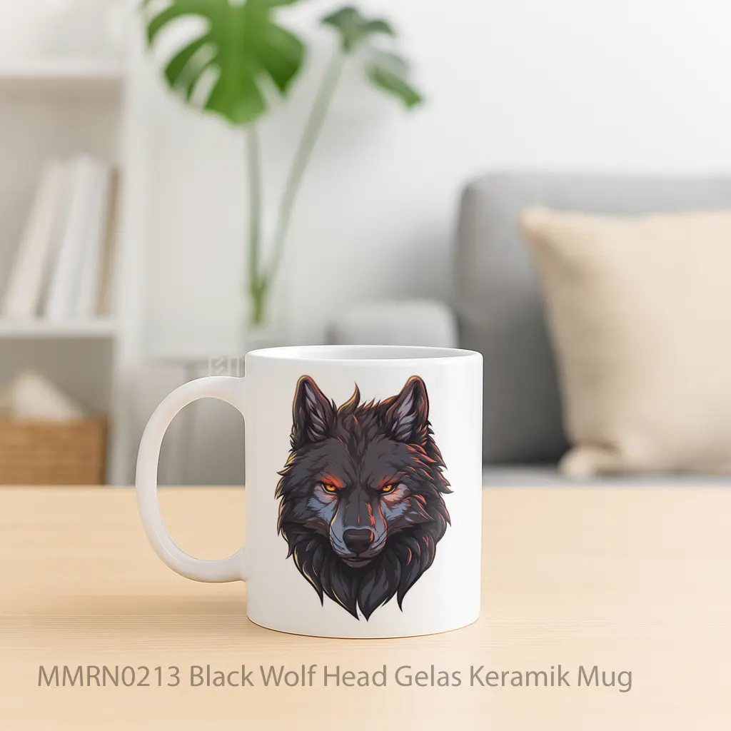 Black Wolf Head Gelas Keramik Mug - Sudut 2