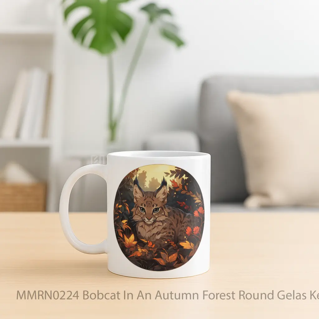 Bobcat In An Autumn Forest Round Gelas Keramik Mug - Sudut 2