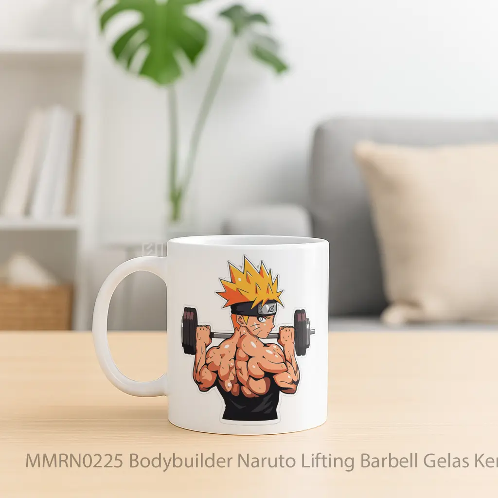 Bodybuilder Naruto Lifting Barbell Gelas Keramik Mug - Sudut 2