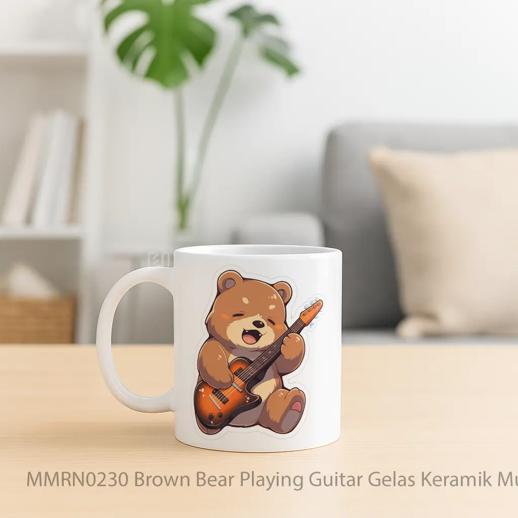 Brown Bear Playing Guitar Gelas Keramik Mug - Sudut 2
