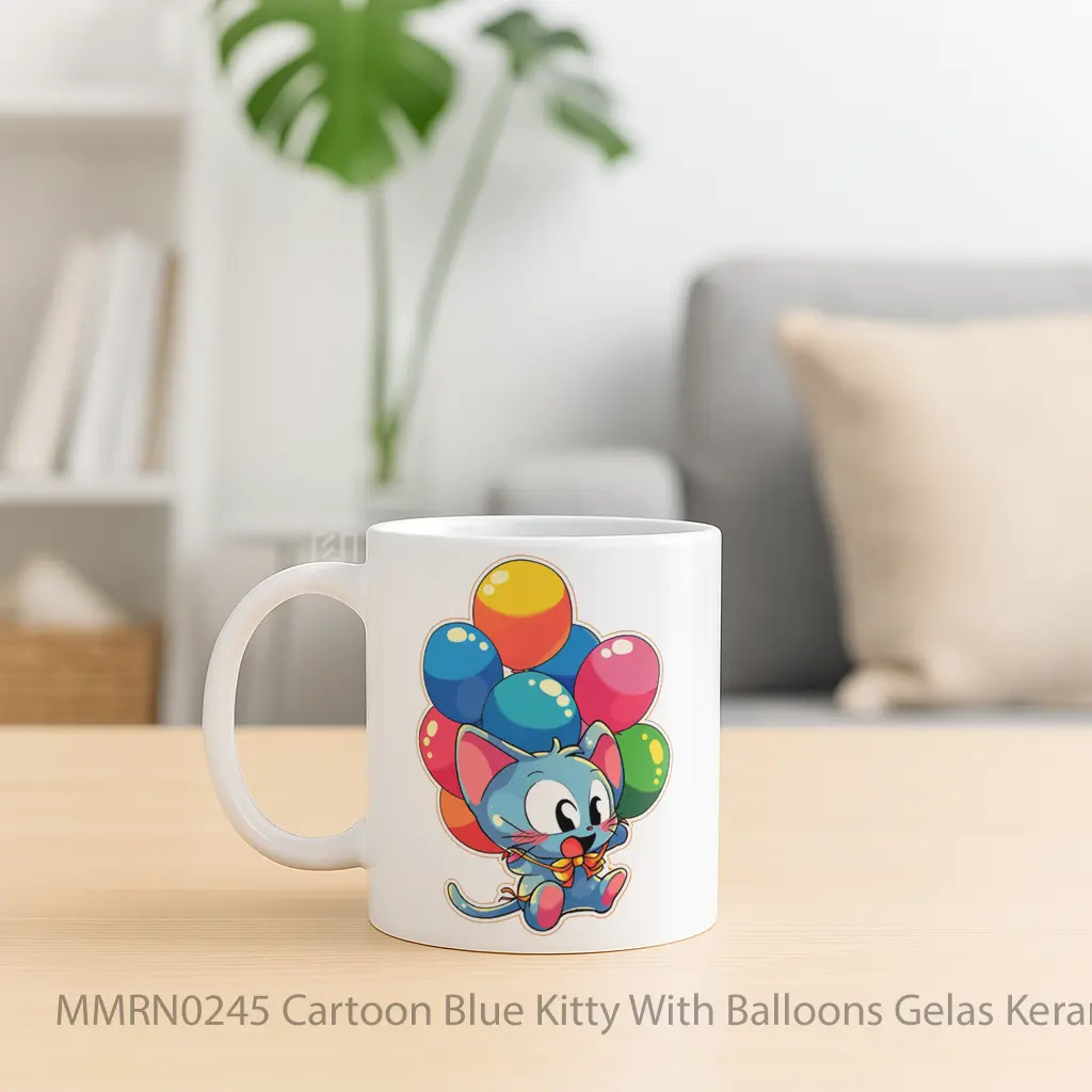 Cartoon Blue Kitty With Balloons Gelas Keramik Mug - Sudut 2