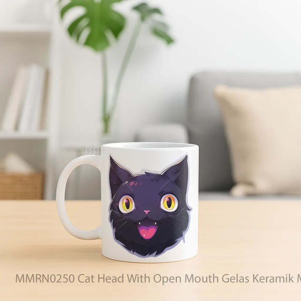 Cat Head With Open Mouth Gelas Keramik Mug - Sudut 2