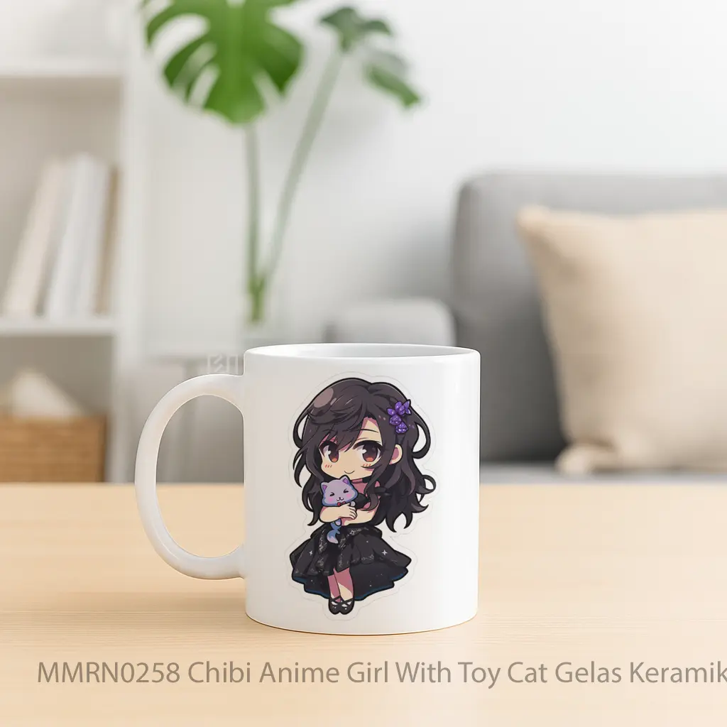 Chibi Anime Girl With Toy Cat Gelas Keramik Mug - Sudut 2
