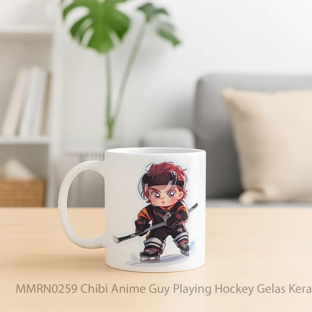 Chibi Anime Guy Playing Hockey Gelas Keramik Mug - Sudut 2