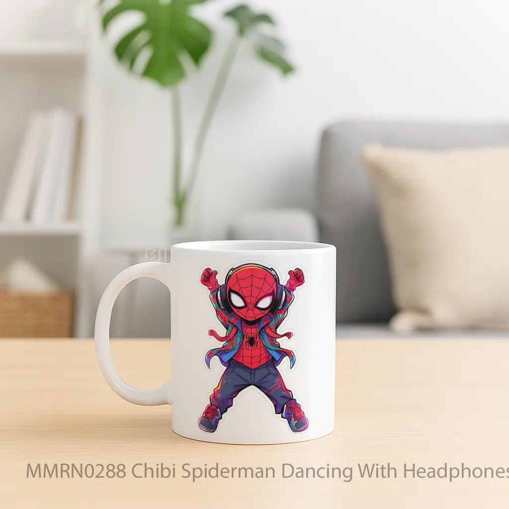Chibi Spiderman Dancing With Headphones Gelas Keramik Mug - Sudut 2