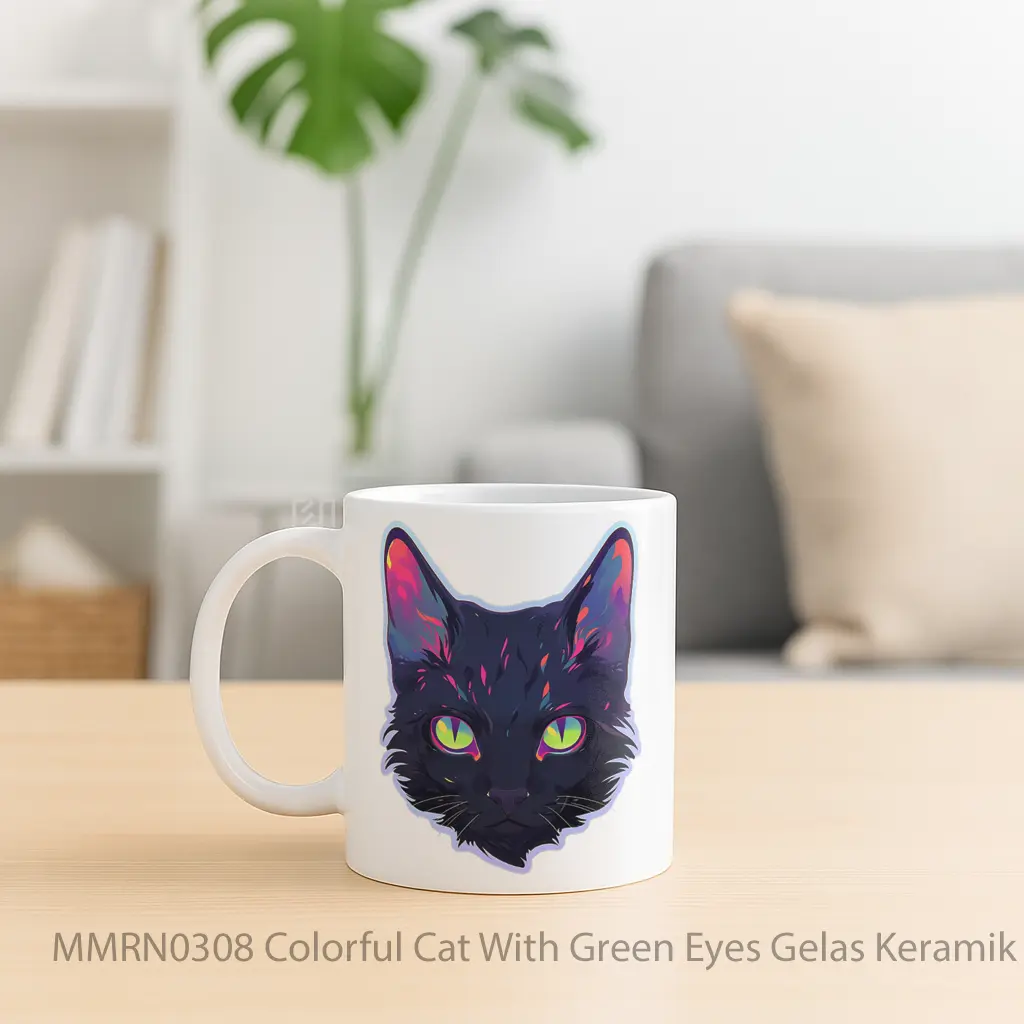 Colorful Cat With Green Eyes Gelas Keramik Mug - Sudut 2