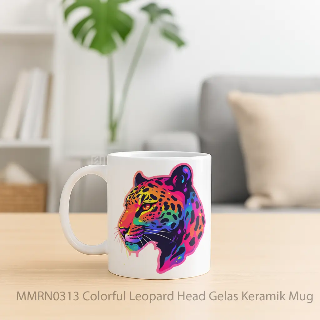 Colorful Leopard Head Gelas Keramik Mug - Sudut 2