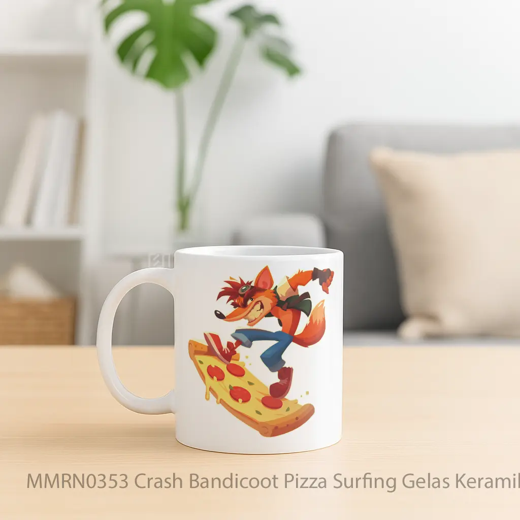 Crash Bandicoot Pizza Surfing Gelas Keramik Mug - Sudut 2