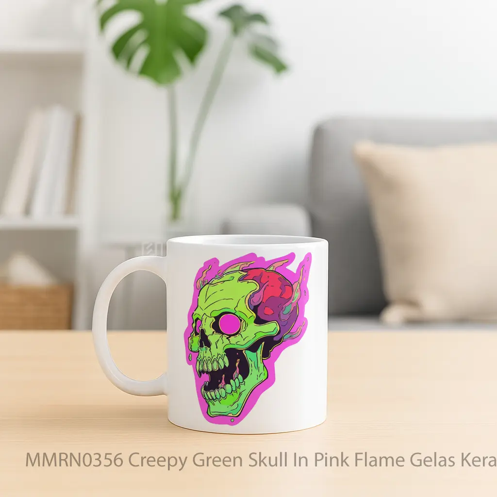 Creepy Green Skull In Pink Flame Gelas Keramik Mug - Sudut 2