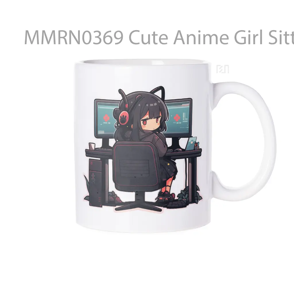 Cute Anime Girl Sitting At Computer Desk Gelas Keramik Mug