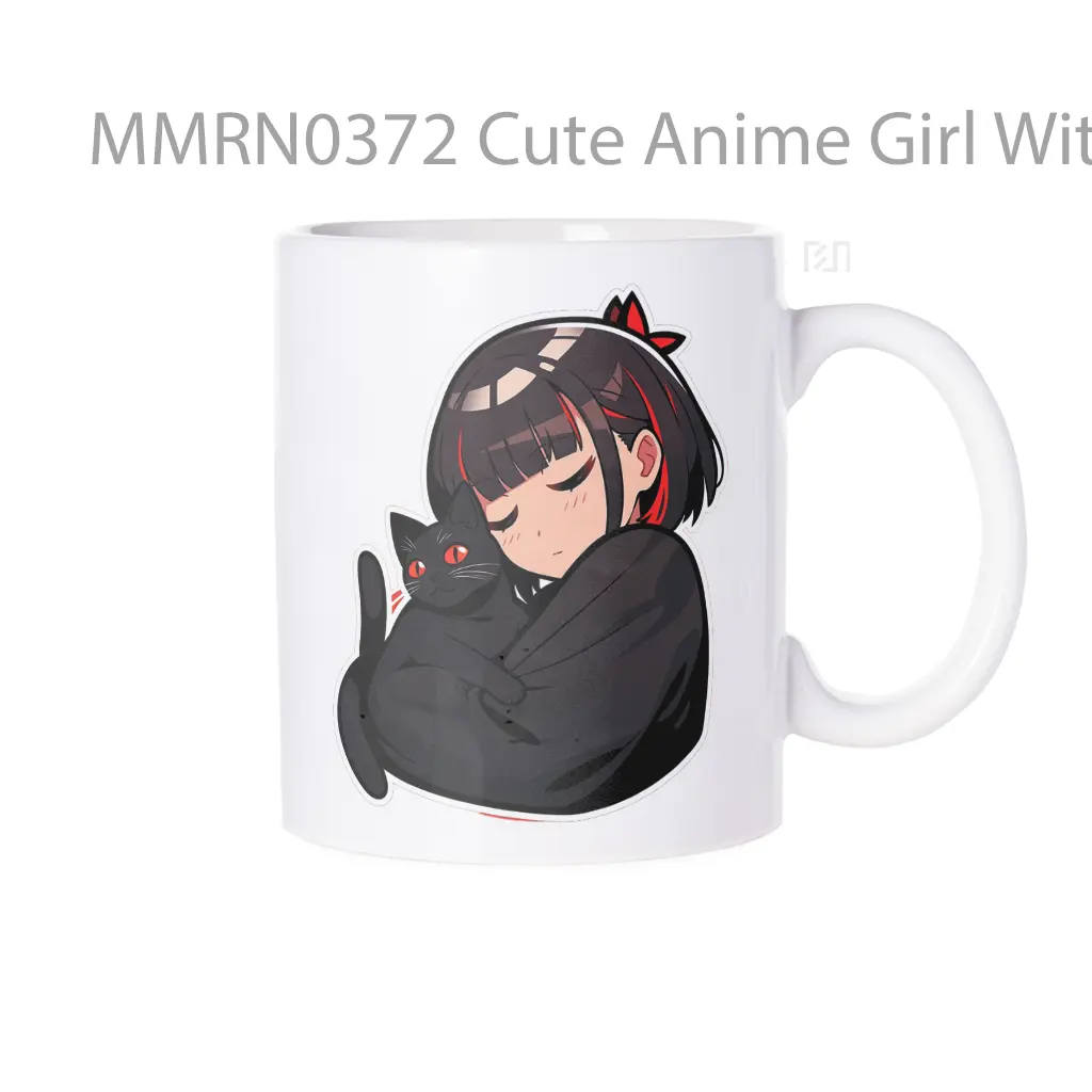 Cute Anime Girl With Black Cat Gelas Keramik Mug