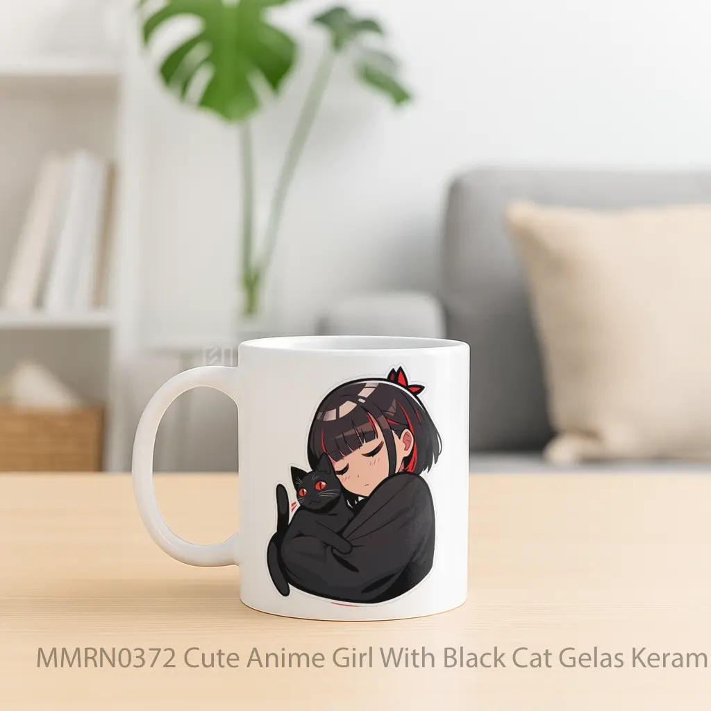 Cute Anime Girl With Black Cat Gelas Keramik Mug - Sudut 2