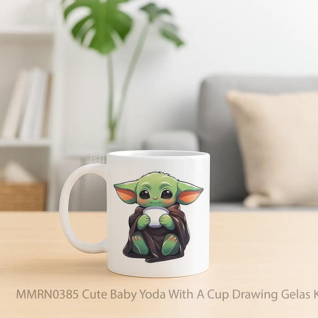 Cute Baby Yoda With A Cup Drawing Gelas Keramik Mug - Sudut 2