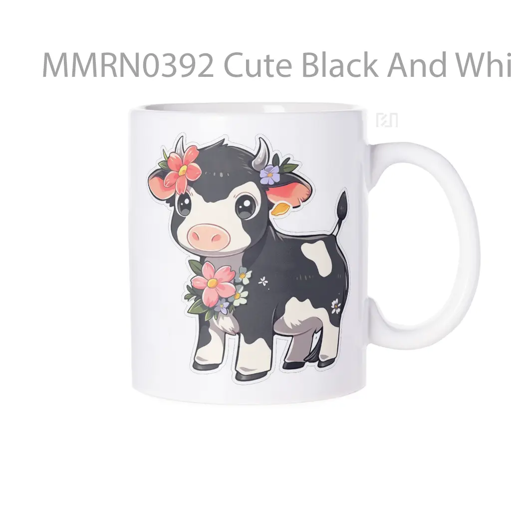 Cute Black And White Cow With Flowers Gelas Keramik Mug