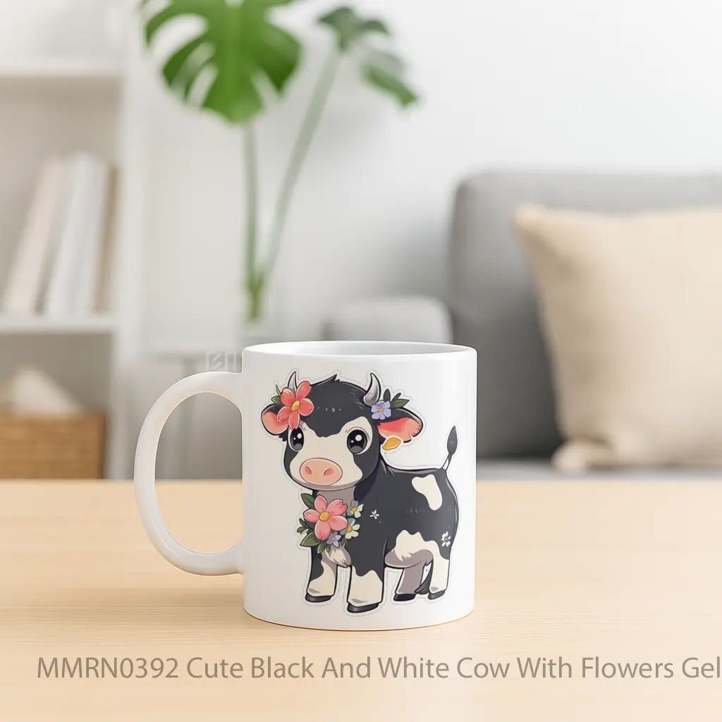 Cute Black And White Cow With Flowers Gelas Keramik Mug - Sudut 2