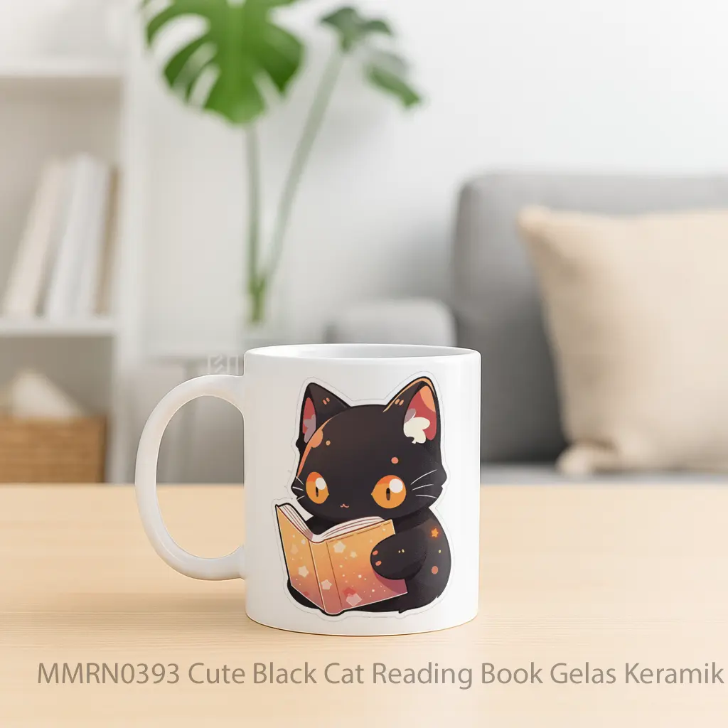 Cute Black Cat Reading Book Gelas Keramik Mug - Sudut 2