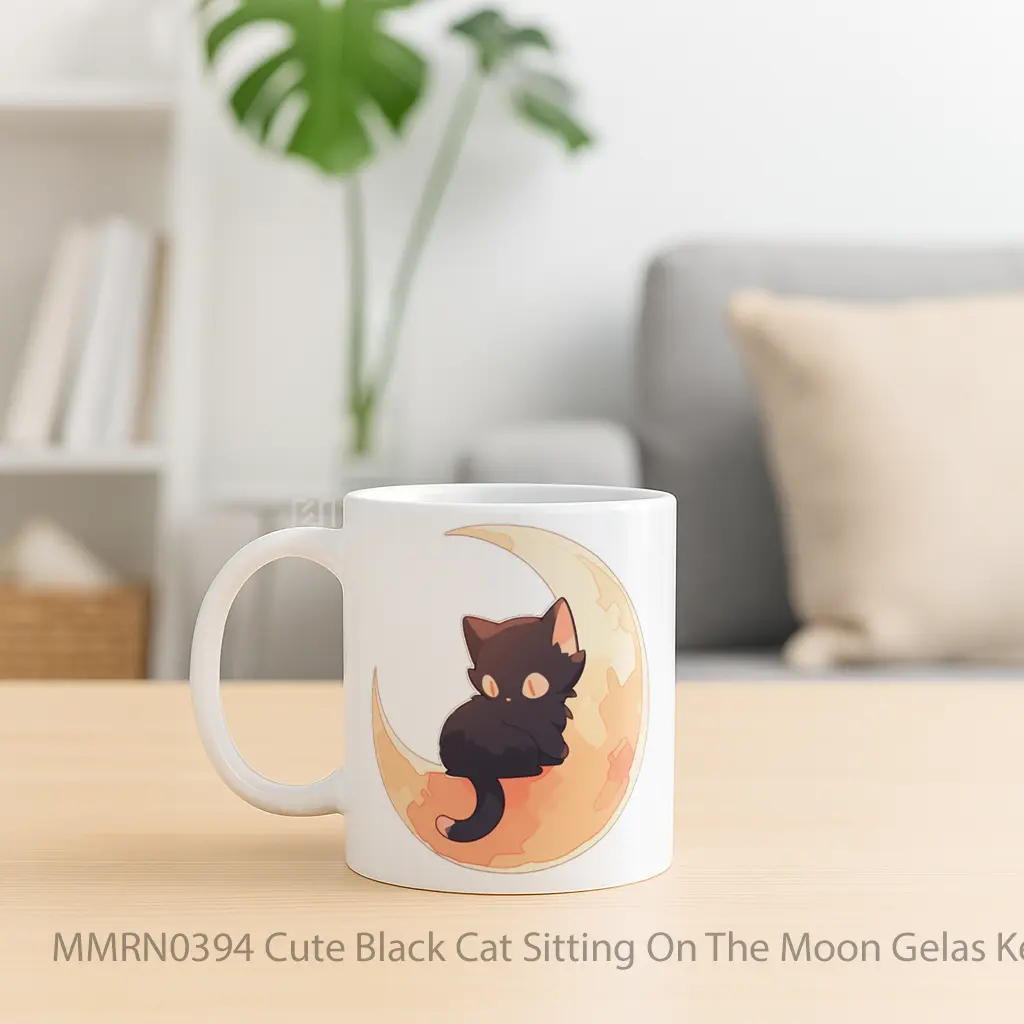 Cute Black Cat Sitting On The Moon Gelas Keramik Mug - Sudut 2