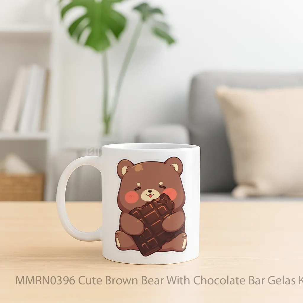 Cute Brown Bear With Chocolate Bar Gelas Keramik Mug - Sudut 2