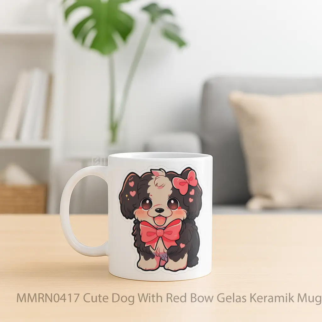 Cute Dog With Red Bow Gelas Keramik Mug - Sudut 2