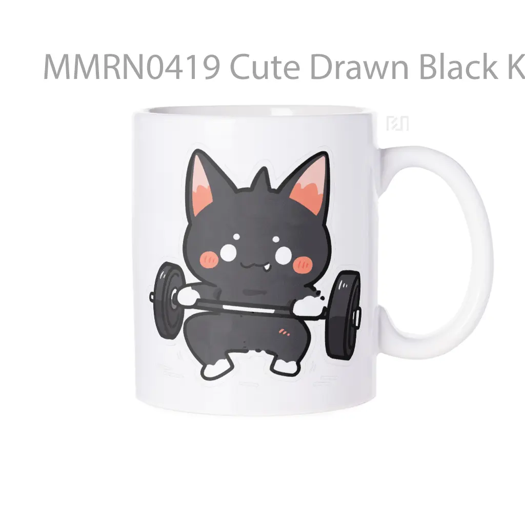Cute Drawn Black Kitty With Barbell Gelas Keramik Mug