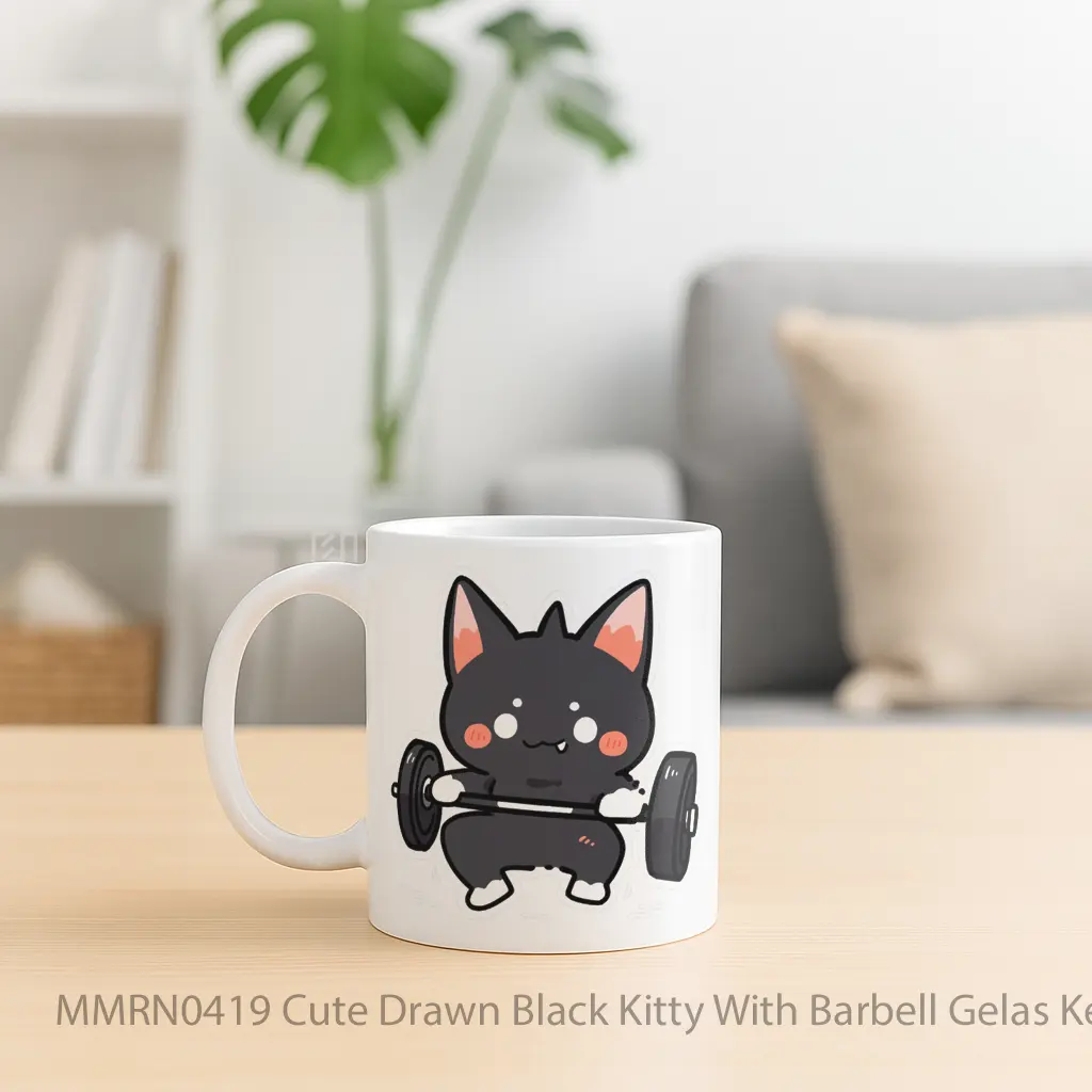 Cute Drawn Black Kitty With Barbell Gelas Keramik Mug - Sudut 2