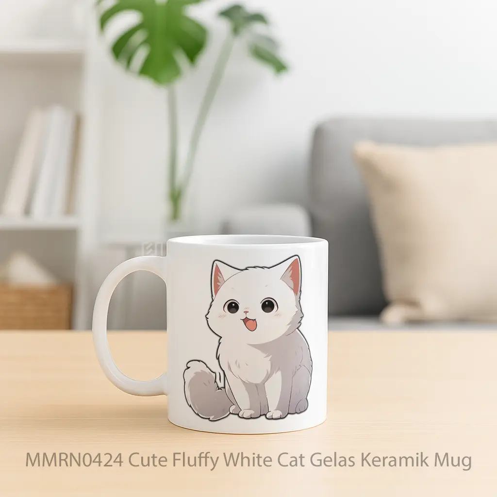 Cute Fluffy White Cat Gelas Keramik Mug - Sudut 2