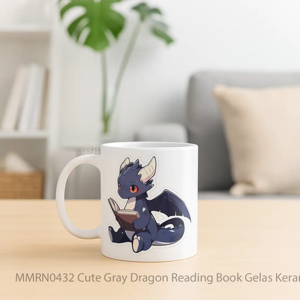 Cute Gray Dragon Reading Book Gelas Keramik Mug - Sudut 2