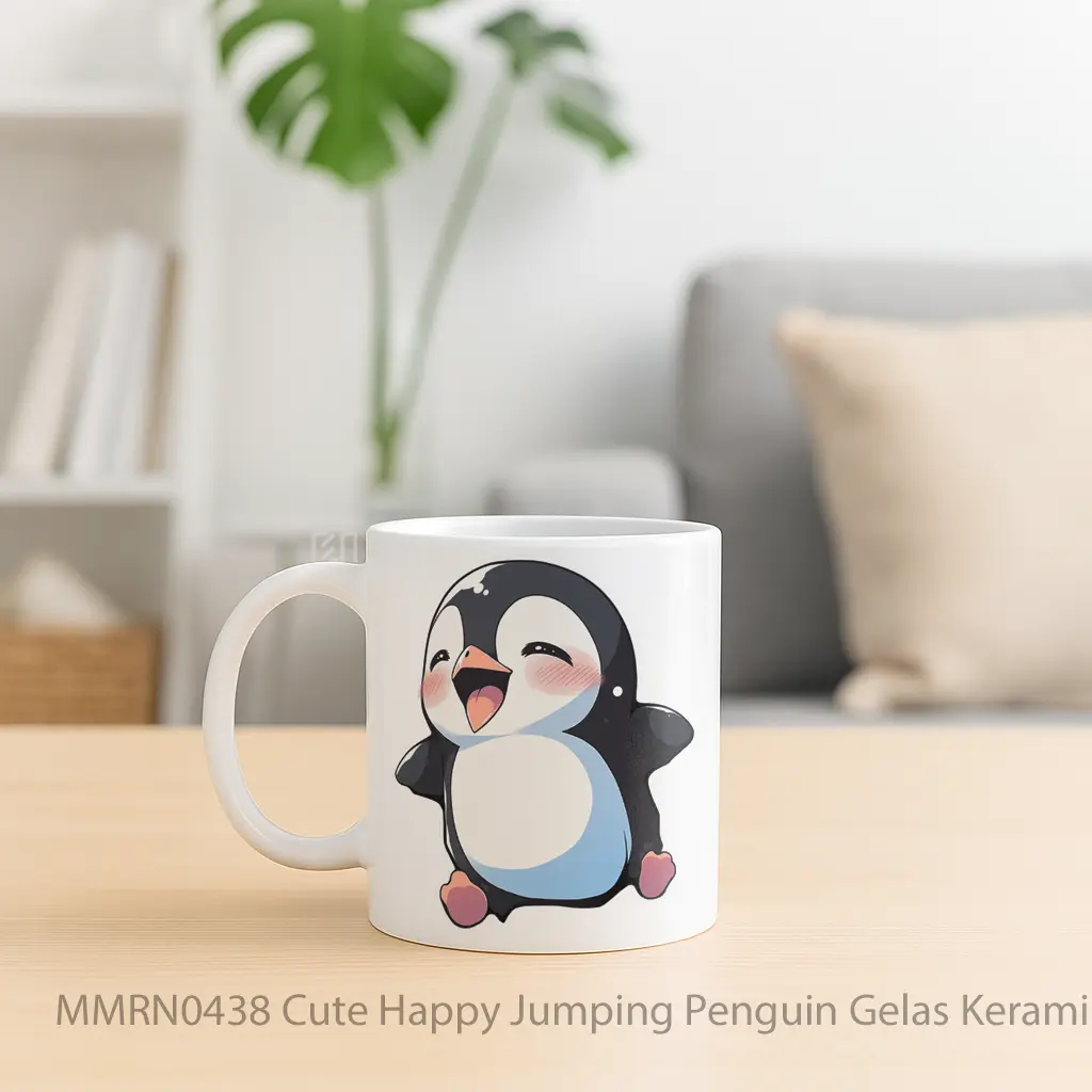 Cute Happy Jumping Penguin Gelas Keramik Mug - Sudut 2