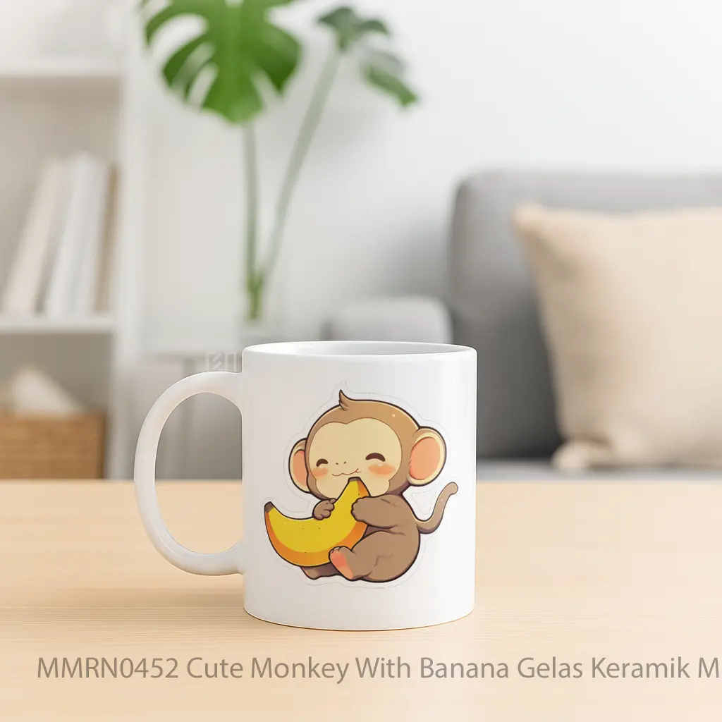 Cute Monkey With Banana Gelas Keramik Mug - Sudut 2