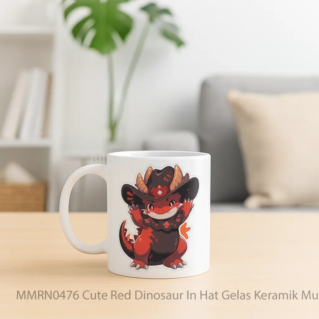 Cute Red Dinosaur In Hat Gelas Keramik Mug - Sudut 2