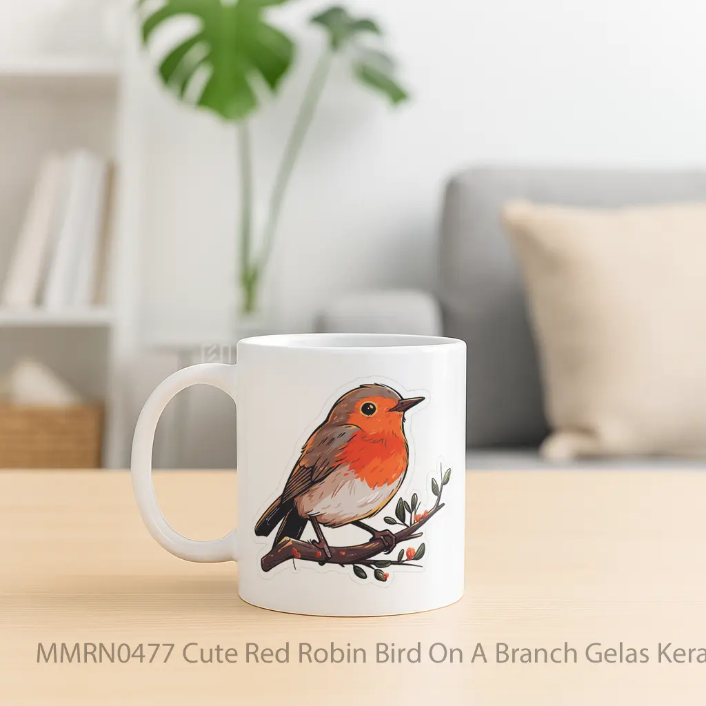 Cute Red Robin Bird On A Branch Gelas Keramik Mug - Sudut 2