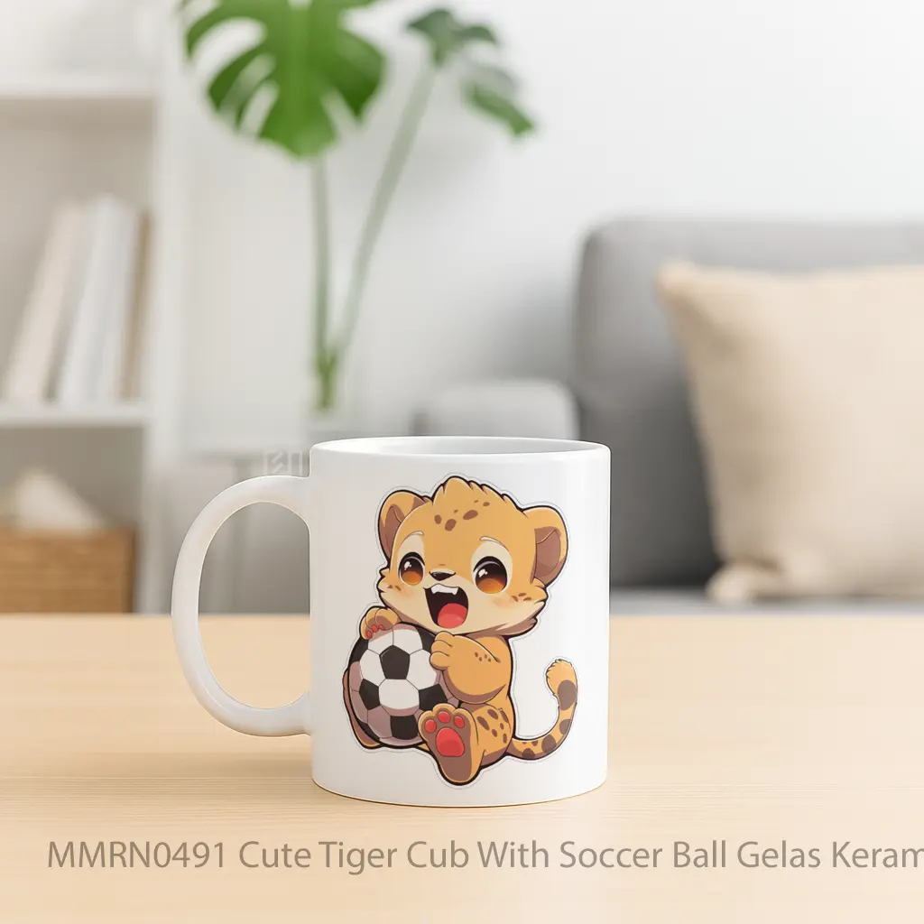 Cute Tiger Cub With Soccer Ball Gelas Keramik Mug - Sudut 2