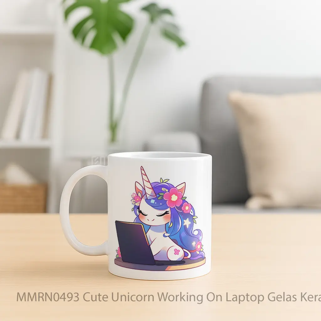 Cute Unicorn Working On Laptop Gelas Keramik Mug - Sudut 2