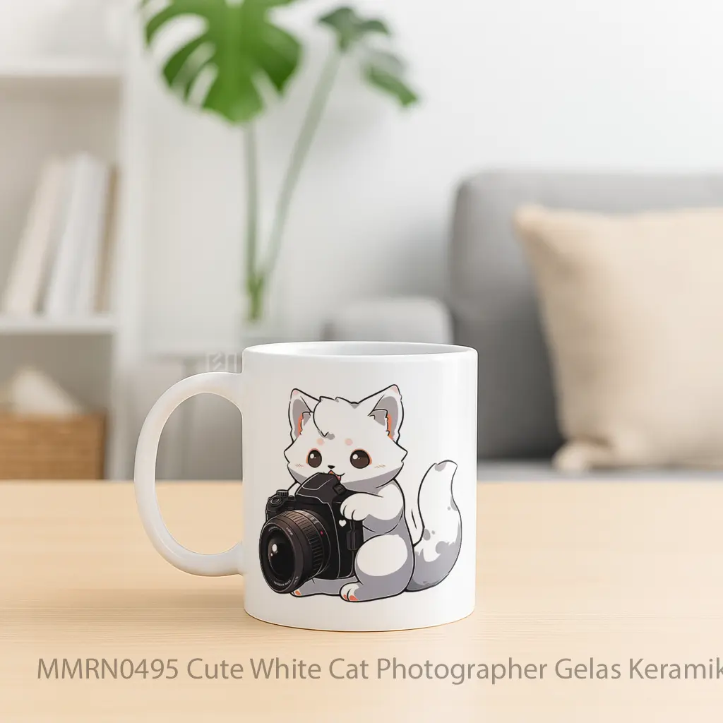 Cute White Cat Photographer Gelas Keramik Mug - Sudut 2