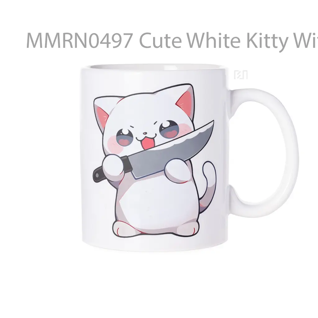 Cute White Kitty With Knife Gelas Keramik Mug