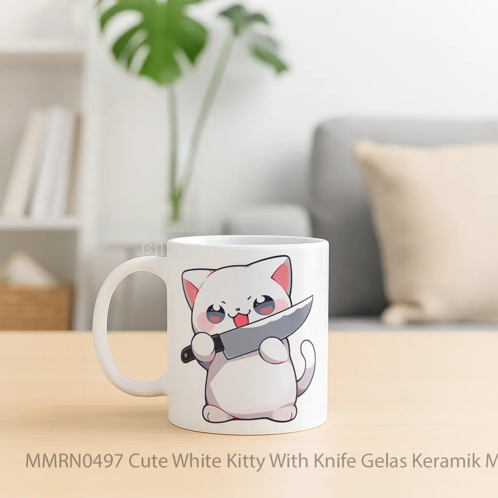 Cute White Kitty With Knife Gelas Keramik Mug - Sudut 2